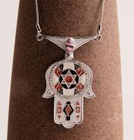 Art Deco Red and White Hamsa Necklace